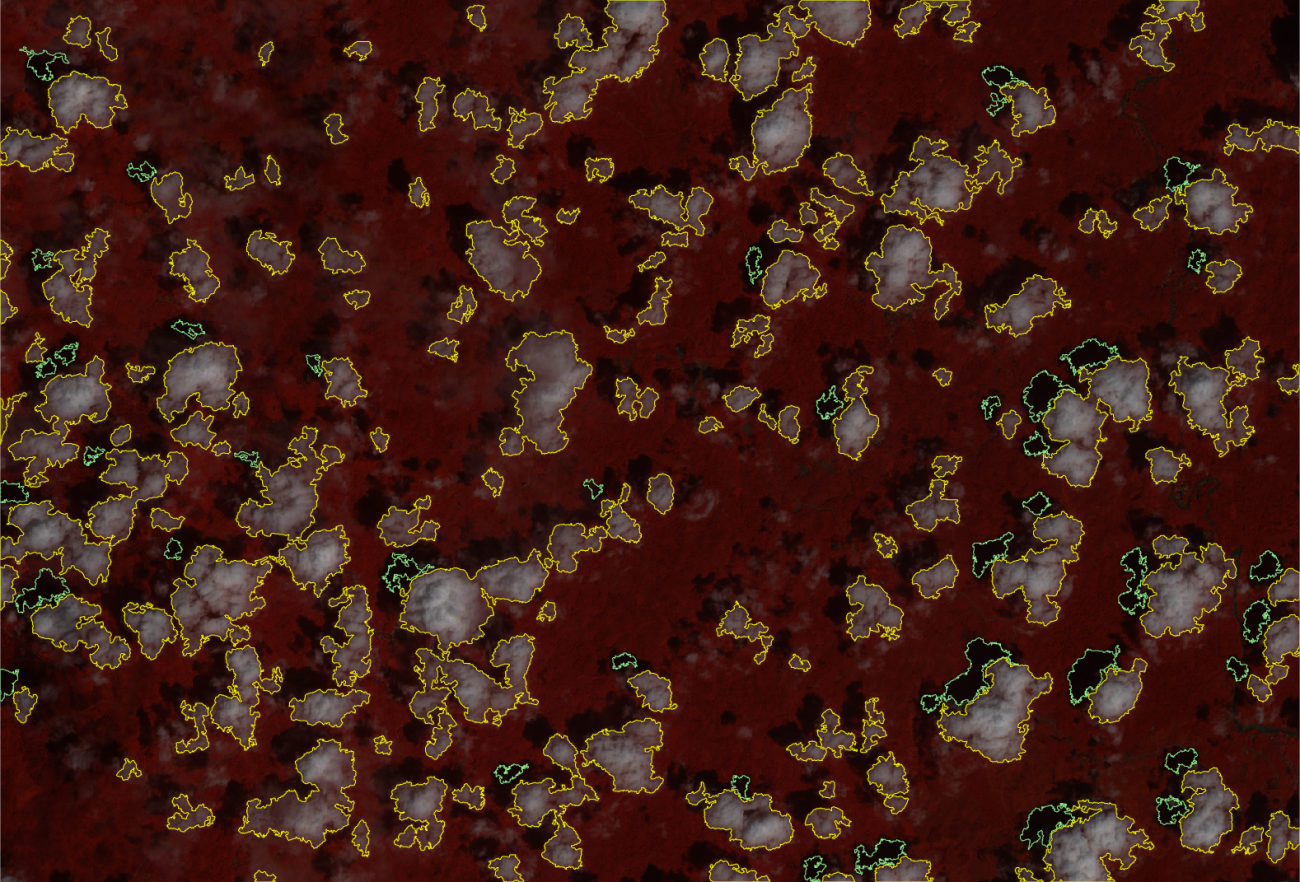 Cloud (yellow borders) and shadow (green borders) detection with i.sentinel.mask (example: Indonesia)
