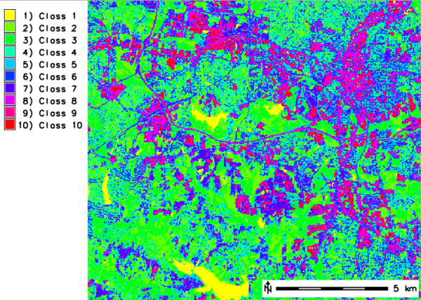 Output raster map with pixels classified (10 classes)