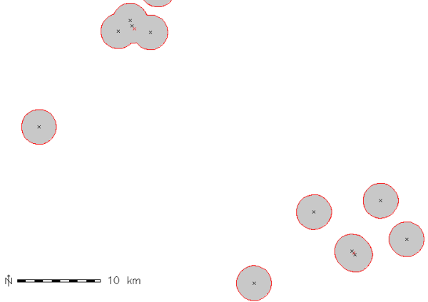 Buffer of 2000m around the hospitals points