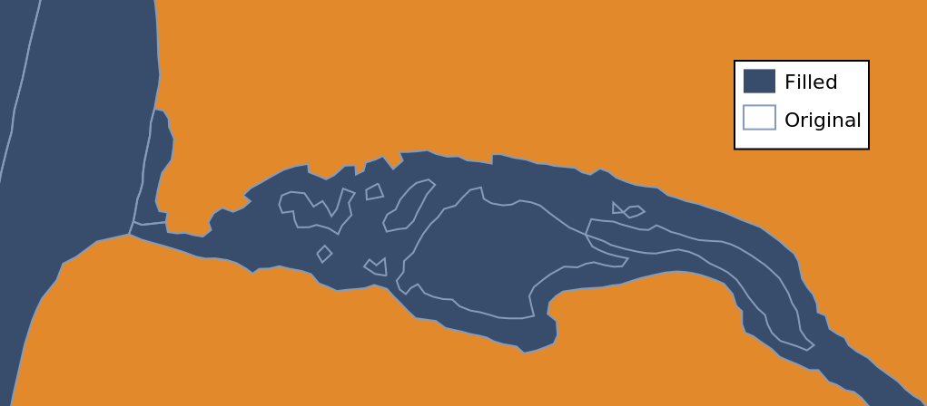 Lake without holes overlapping with the lines marking the original