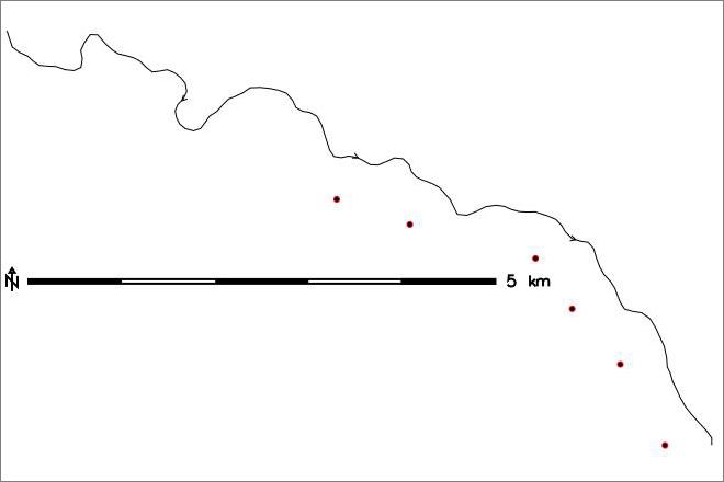 A series of points, spaced every 10% of the line's length along the tracks
from the end of the line up to the middle point, offset 500m to the right