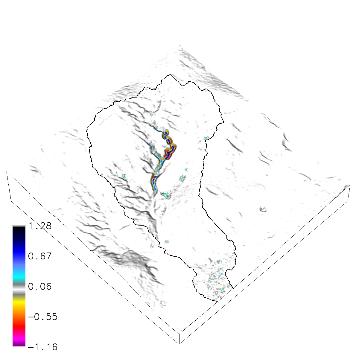 Net difference (m) for a steady state, transport limited SIMWE
simulation