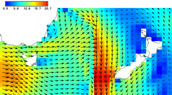 Sea wind speed (magnitude) and direction shown in the Tasmanian Sea