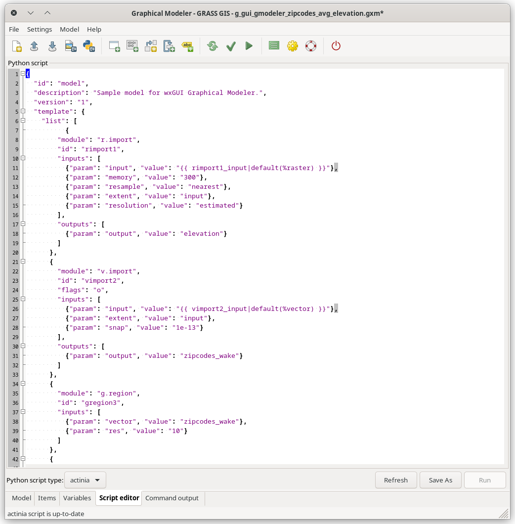 Script editor in the wxGUI Graphical Modeler - set to actinia