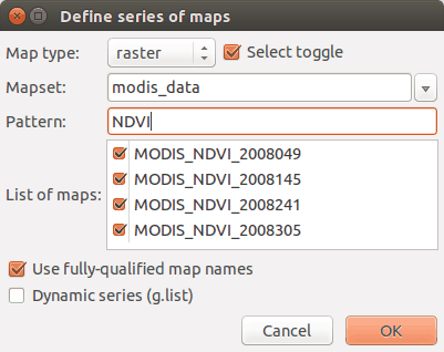 MODIS data representation in GRASS after Graphical Modeler
usage