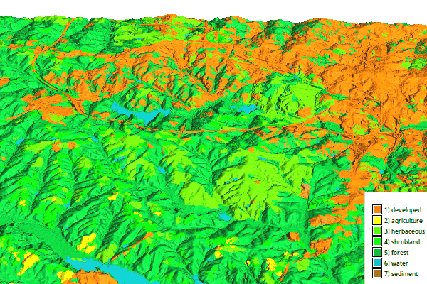Landuse map draped over elevation with gj.Map3D
