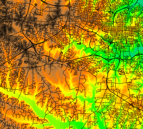 Elevation map overlayed with streets with gj.Map