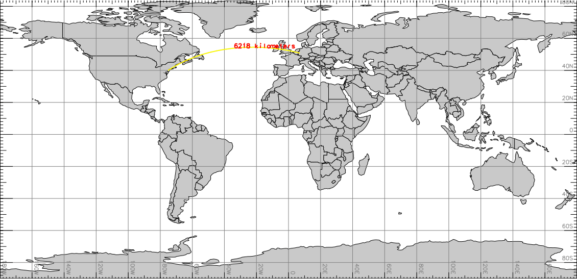 Visualization (with d.geodesic) of m.measure distance example