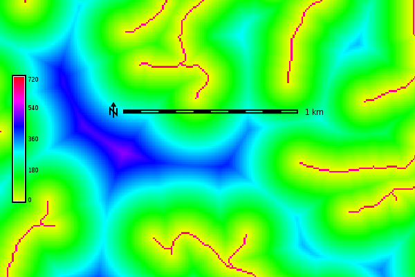 Euclidean distance from the streams network in meters (map subset)