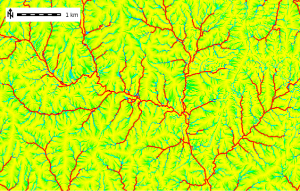 Vectorized stream network after thinning extracted from flow
accumulation map