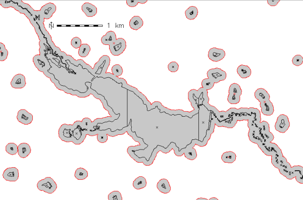Buffer of 100m around the "lakes" polygons