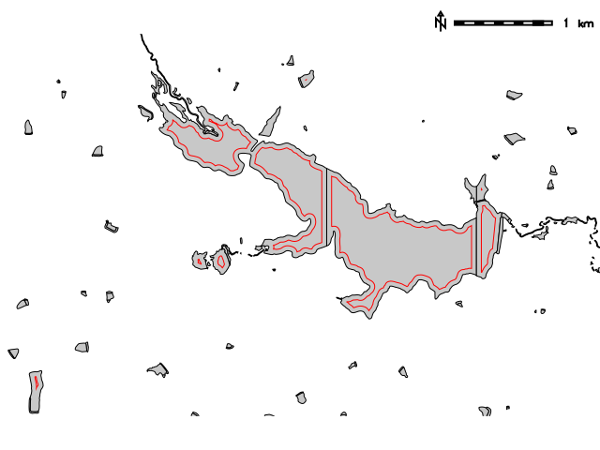 Internal buffer of 50m inside the lakes polygons
