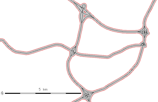 Buffer of 100m along the roadsmajor lines